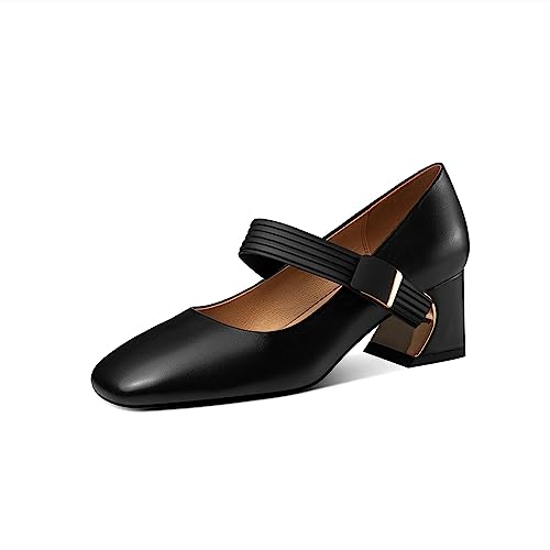 TinaCus Genuine Leather Square Toe Hnadmade Block Heels Women's Stylish Mary Jane Shoes