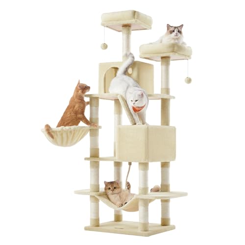 Feandrea Arbre à Chat, Hauteur 168 cm, avec 13 Griffoirs, 2 Plate-Forme, 2 Niches, Panier, Hamac, Pompon, Tissu Peluche, Multi-Niveaux pour Chat d'Intérieur,...