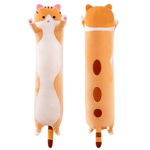 SNOWOLF - Traversin doux en peluche chat - Oreiller douillet en coton - Peluche mignonne rembourrée - Jouet - Cadeau pour les enfants et les amis - Jaune - 130 cm