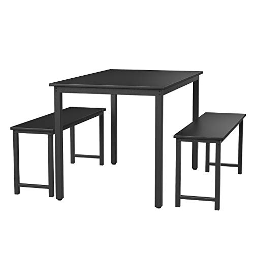 Image of AWQM Dining Room Table Set, Kitchen Table Set with 2 Benches, Ideal for Home, Kitchen and Dining Room, Breakfast Table of 47.2x28.7x29.5 inches, Benches of 41.3x11.8x17.7 inches, Black