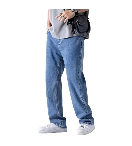 Mens Jeans Straight Elastic Banded Wide Leg Denim Pants Casual Baggy Comfortable Trousers Fashion