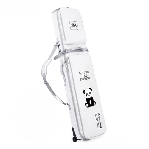 キャスター付き防水スキーバッグ 飛行機旅行用ダブルローリングスノーボードバッグ 165cm〜177cmまで伸縮可能 スキー1セットまたは2セット収納可能,白