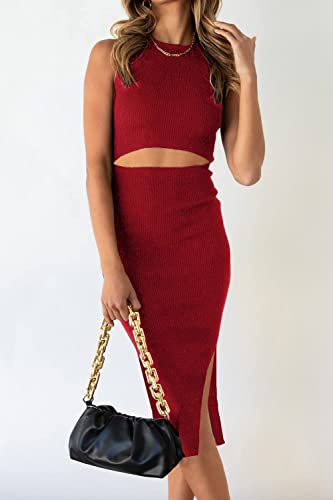 Image of PRETTYGARDEN Women's Summer Midi Bodycon Dresses Casual Crew Neck Side Slit Sleeveless Knit Cut Out Tank Top Dress