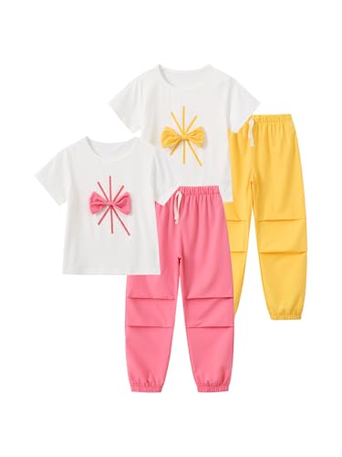 Image of Girls 4 Pieces Outfits Short Sleeve Printed Tee Tops and Pants Set 4-12Y