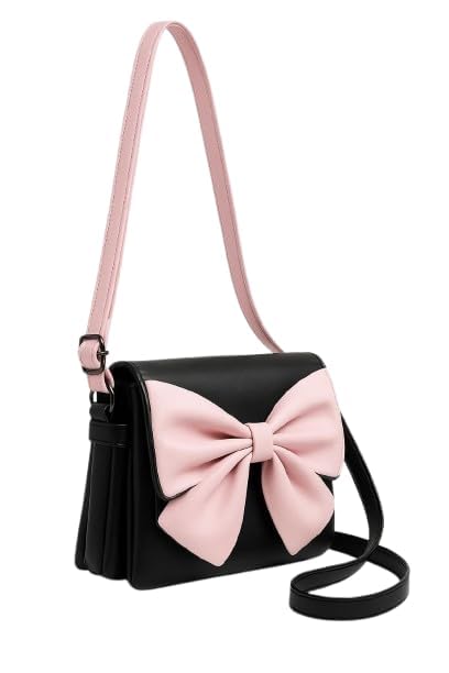FYNORA Trendy Girls Sling Bag with Big Bow | Stylish Crossbody Shoulder Bag for Women & Teens | Cute Small PU Leather Handbag for Parties, Travel & Casual Outings (Black)