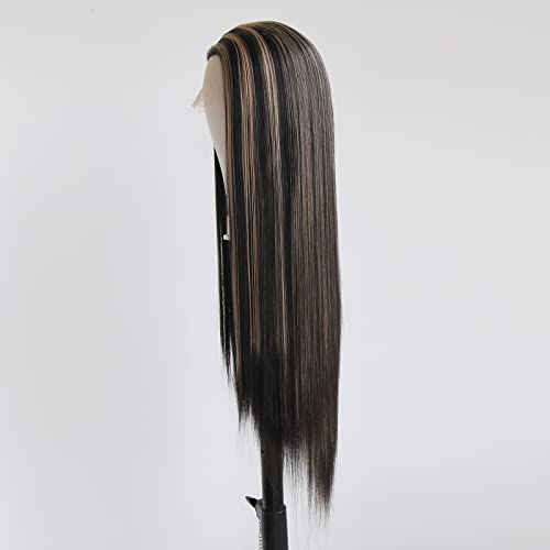 Towarm Balayage Wig Black Highlight #27 Middle Part Synthetic Lace Front Wigs for Black Women Long Straight Natural Heat Resistant Fiber 13x3.5inch Hand Tied Cosplay Wig (Piano Color 1B/#27) - Image 4