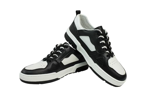Exclusive Men's Genuine Leather Fashion Suit Sneakers Black & White Lace Up Shoes3