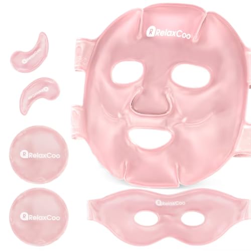 RelaxCoo Ice Face Eye Mask for Dark Circles and Puffiness Cold Warm Compress, Gel Cold Cooling Face Mask Package for Women and Men, Migraines, Headache, Stress and Relaxation, Pink