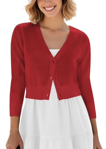 Urban CoCo Women's Cropped Cardigan V-Neck Button Down Knitted Sweater 3/4 Sleeve (L, Red)