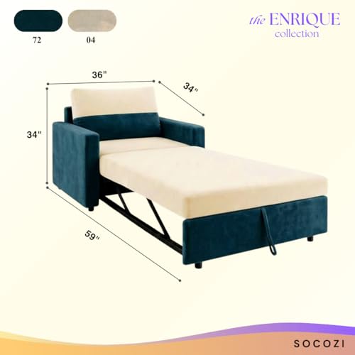 Image of SOCOZI Enrique 1 Seater Sofa Cum Bed | Soft Velvet Suede Fabric | Modern Convertible Design | Plush Comfort Seating for Living Room (Green Teal-Cream)