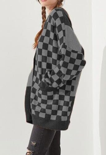 CHARTOU Women Slouchy Checkered Cardigan Oversized Open Front Cardigan Sweater Plaid Knit Outwear Coat4