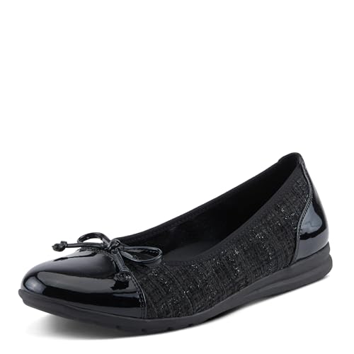 PATRIZIA Women’s Ashlin Ballet Flats - Patent Faux Leather with Plaid Velvet Bow Design - Comfortable Durable TPR Outsole, Small Size Up, Elegant 7/8 Inch Heel