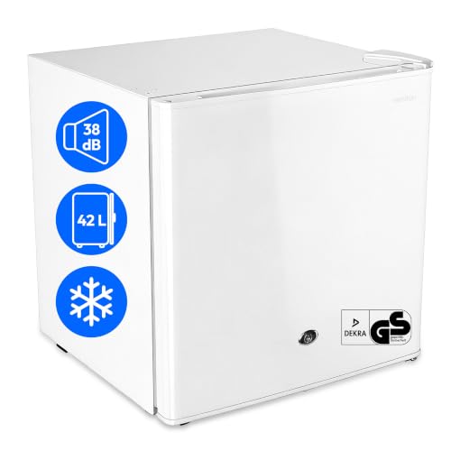 MEDION Mini frigorífico con cerradura y congelador 42 L, silencioso pequeño frigorífico para oficina hotel minibar camping gaming, bebidas alimentos hielo, puerta reversible, MD 370001 blanco