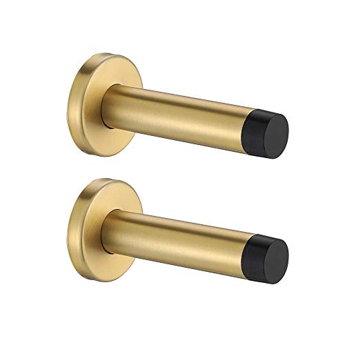 JQK Door Stopper Gold, 304 Stainless Steel Sound Dampening Door Stop Bumper Wall Protetor 2 Pack, Brushed Gold, DSB5-PB-P2