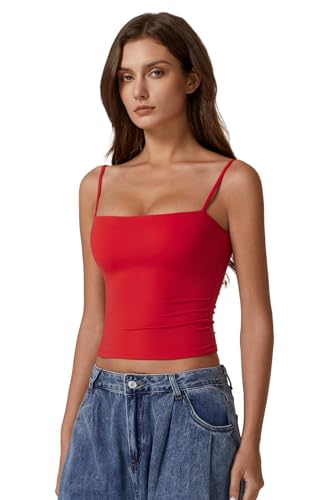 Image of QINSEN Women's Double Lined Basic Tank Top Adjustable Spaghetti Straps Sleeveless Camisole Shirts