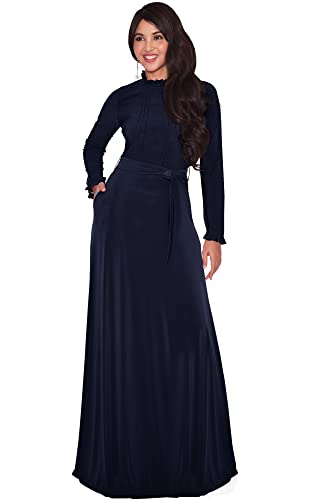 KOH KOH Womens Long Ruffle Sleeve High Neck Collar Pockets Elegant Modest Classic Evening Cocktail Vintage Abaya Semi Formal Maxi Dress Dresses Gown Gowns, Dark Navy Blue L 12-14