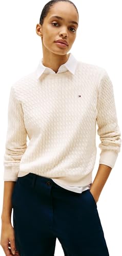 Tommy Hilfiger Damen Pullover Cable Fine Zopfstrick, Beige (Heather Ivory Petal), XXS – Ansicht 1