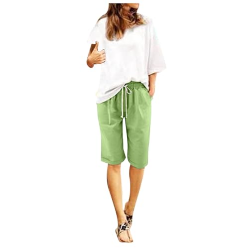 Generisch Pantalones cortos de lino para mujer, hasta la rodilla, pantalones cortos, holgados, cómodos, transpirables, ligeros, deportivos, diarios, exteriores, cortos, con cordón, versátiles, verde,