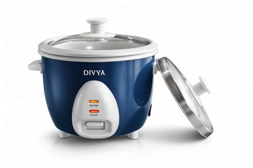 Image of DIVYA 0.6 L Drum Electric Rice Cooker for Home | 300 W | Double Pot Anodised Aluminium | Glass & Stainless Steel Lid | Cook & Keep Warm Function | Compact Rice Cooker | Blue