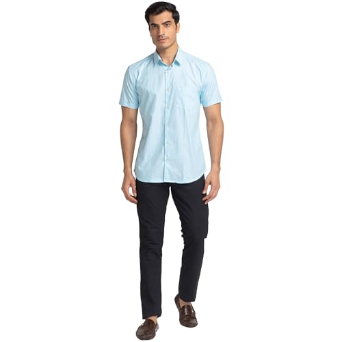 Image of Park Avenue Men's Pure Cotton Chambray Pattern Slim Fit Ainsley Collar Half Sleeve Casual Shirt