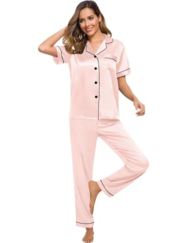 Image of SWOMOG Women Satin Pajamas Set Short Sleeve Top & Pants Sleepwear Silky Button Down Nightwear 2pcs Loungewear Pjs Set