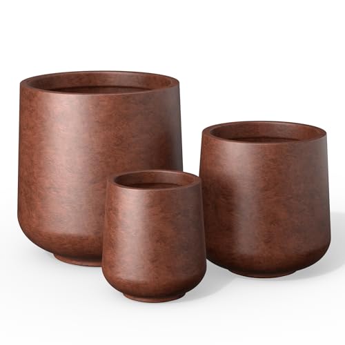 Image of Kante Set of 3 Rusty Concrete Curved Planters 16.5 inch 13 inch 9.4 inch Dia | Drainage for Outdoor, Rubber Plug for Indoor Home, All-Weather Cement Pot, Handcraft, Lightweight & Durable, Anti-UV, Round