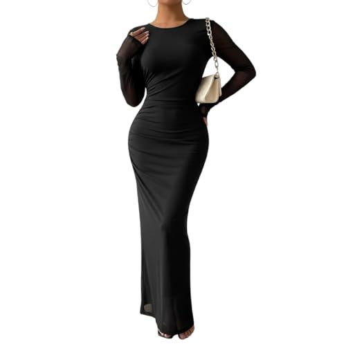 Image of LIGHT DOT Women's Printed Bodycon Maxi Dress Long Sleeve Tie Dye Mesh Ruched Cocktail Dress
