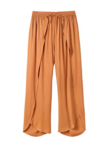 LaVieLente Women s Long Side High Slit Harem Casual Pants Loose Fitting Summer Vacation Beach Trousers (Yellow, Large)