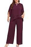 Hanna Nikole Plus Size Mother of Bride Pant Suits 2 Piece Chiffon Sets Wedding Guest Outfit Wine Red 24 Plus