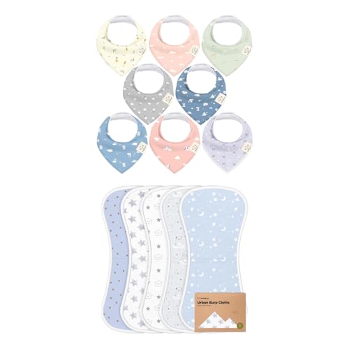 KeaBabies 8-Pack Baby Bandana Drool Bibs and 5-Pack Burp Cloths for Baby Boys and Girls - Cotton Rags for Toddlers Boys, Girls - Ultra Absorbent Burping Clothes for Infants