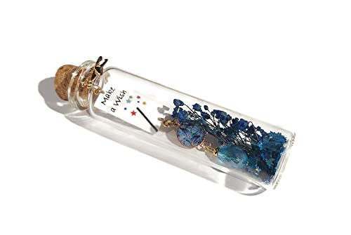 Bouteille en verre message Make a wish violet bleu et plume décorative