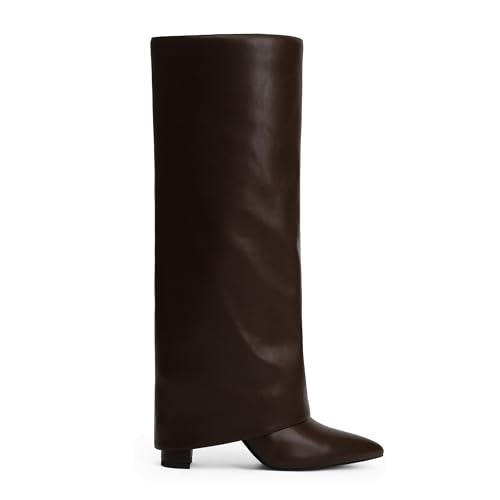 Image of Knee High Boots Women Fold Over Boots Chunky Heel Pointed Toe Tall Boots | Fashion Slouchy Boots,Side Zipper Shark Boots,Fall Spring Winter Fashion Dress Tall Boots,Evening Bridal office Long Boots