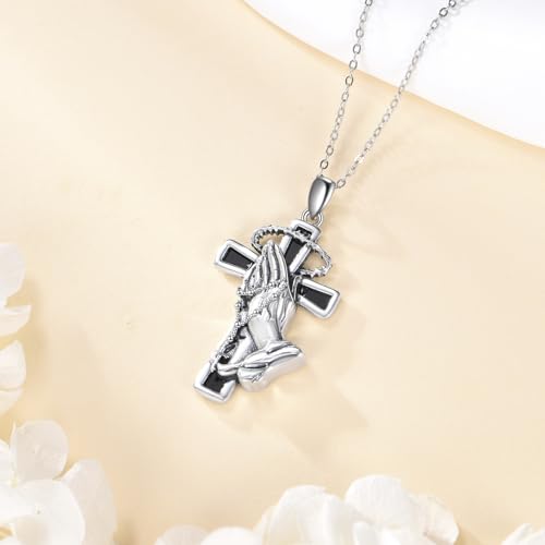 Collier de prière en argent avec pendentif croix mains jointes amulette chrétienne mixte