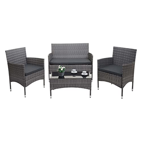 Mendler Poly-Rattan Garnitur HWC-F55, Balkon-/Garten-/Lounge-Set Sofa Sitzgruppe - grau, Kissen dunkelgrau