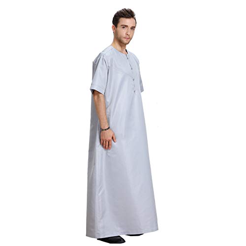 Men Arabic Short Sleeve Pure Color Thobe Crew Neck Kaftan Robe with Button for Summer3
