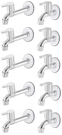 Spazio Stainless Steel Fusion Bib Cock with Long Body Combo Pack Foam Flow Water Taps with Wall Flange (Pack of 5) (Chrome Plated, Brass Disc)