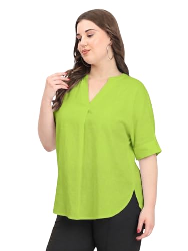 Image of SINDOORI Relaxed Fit Tops for Women Plus Size Solid Printed Mandarin Collar, Band Collar, V-Neck Top, Half Sleeve Loose Fit