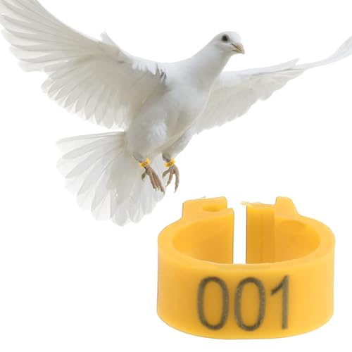 Anillos para palomas de 8mm con numeración visible 001-100 en color amarillo