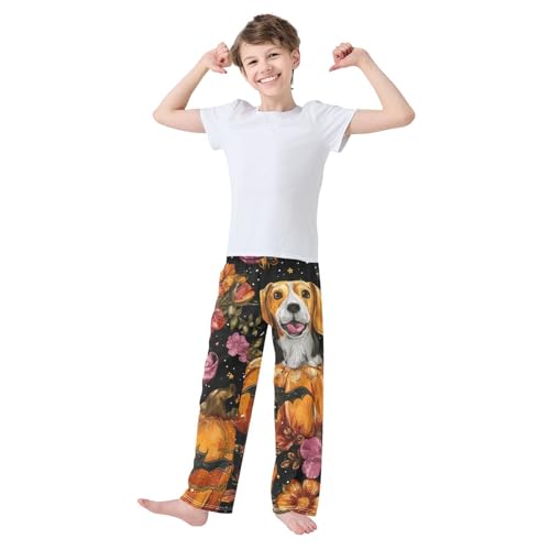 Beagle Pumpkin Bat Flowers Boys Long Pants Soft Trousers Elastic Waist Kids Lounge Bottoms with Pockets S-XL3