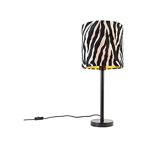 Lámpara de mesa Qazqa SIMPLO negra con pantalla de cebra Cover