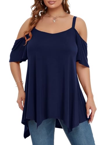 Image of LARACE Cold Shoulder Tops for Womens Summer Clothes Spaghetti Strape Tunic Oversized Shirts Asymmetrical Plus Size Blouse