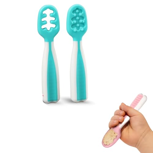 CLOVERSS® Cucharas para Bebé, Juego 2 Cucharas de Iniciación para Niños Pequeños, Precucharas Bebé blw, Etapas 1 y 2 (Verde)