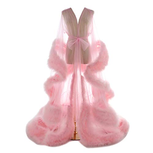 Wedding Scarf Feather Tulle Bathrobe Perspective Pregnant Photoshoot Pink Bridal Robe Long Lingerie Sleepwear Swimwear