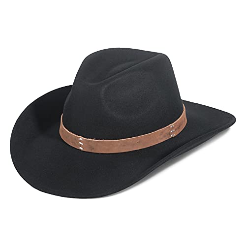 Cancan Cowboy Hat, Wool Felt Hats for Men and Women Classic Pinch Front Wide Brim Fedora Western Outback Outdoor Hat with Belt (Black, L)