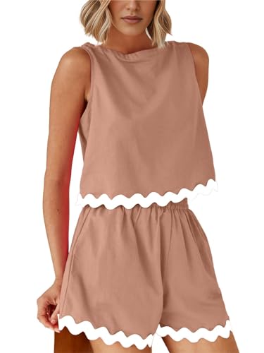 GRECERELLE Women 2025 Summer 2 Piece Outfits Set Lace Trim Crewneck Tank Crop Top and Shorts Lounge Pajama Sets3