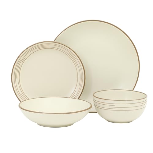 Image of Gibson Home Chiswick House 16-Piece Stoneware Dinnerware Set, Round Plates and Bowls Set for 4, White with Wax Relief Embossed Rim Detail, Dishwasher Safe - Dinner Plate, Salad Plate & Cereal Bowl