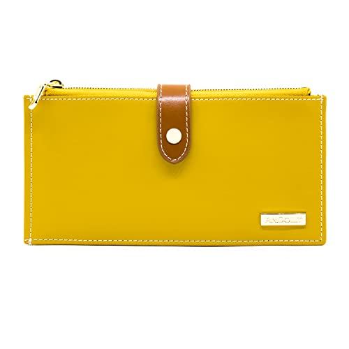 Andoilt Women's Genuine Leather Wallet Rfid Blocking Credit Card Holder Zipper Purse Cell Phone Handbag Yellow #TOP3