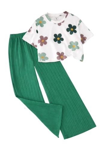 Image of TAGAS Girls Floral Printed Co-Ord Set | Half Sleeve Crop Top & Ribbed Wide Leg Palazzo Pants | Stylish Summer Outfit | Casual Wear top and pant |Set for Kids Girls