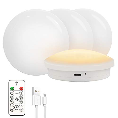 DEWENWILS 4-Pack USB Rechargeable Puck Light with Remote, Timer + Dimmer, Warm White, Dimmable Touch Light for Closet, Wireless Tap Lights for Cabinet, Kitchen, Bedroom, Wardrobe, Stick on Anywhere