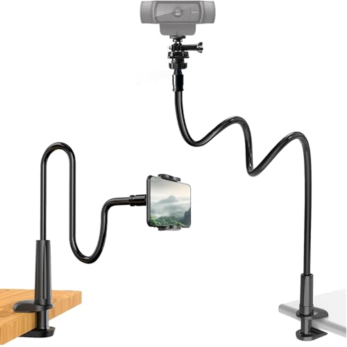 Webcam Stand for Desk, Flexible Gooseneck Webcam Mount Holder Arm with Phone Holder, Web Cam Stand Computer Camera Desk Mount for Logitech C922 C930e C920S C920 C615 C960 C920x BRIO 4K NexiGo N60